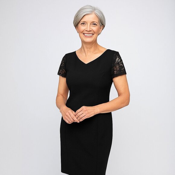 David Warren Short Lace Sleeve Back Zip Little Black Dress Women's Sz 4P - Picture 1 of 6